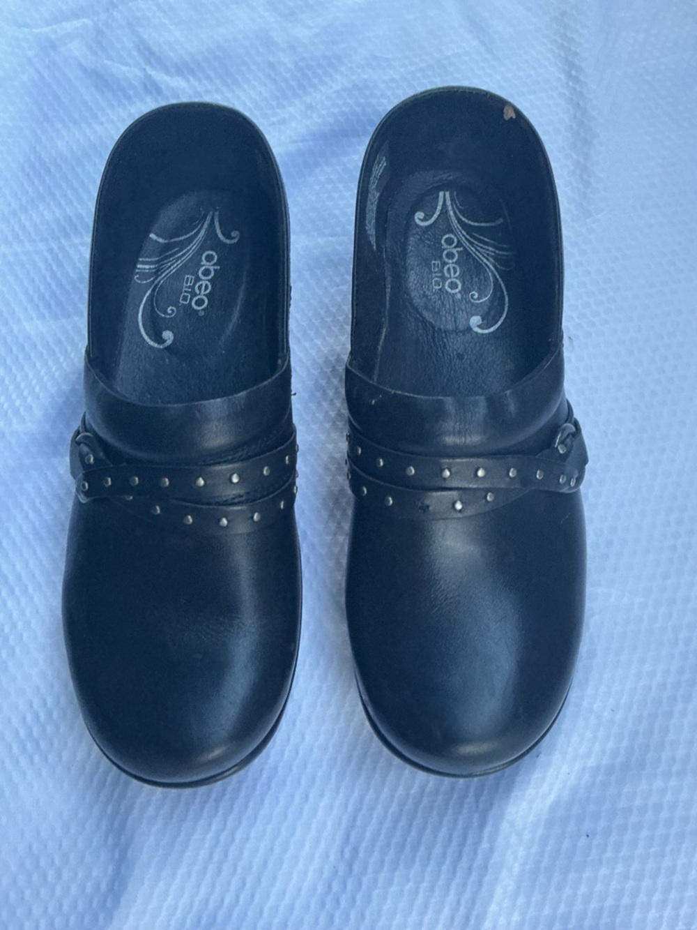 Abeo Black Women's Studded Leather Slip-On Clogs